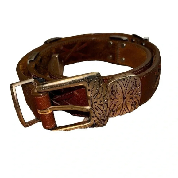 Brighton 1991 Brown Leather Belt with Silver Piece Accents Size Medium - Picture 1 of 10